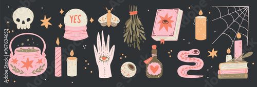 Mystical Halloween collection of hand-drawn Spooky elements like Skulls, Candles, Potions, and Crystal balls. Cute Witchcraft stickers for planners, invitations, and scrapbooking collages