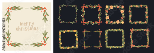 Collection of Festive Christmas Frames with hand-drawn Fir Branches, Holly Berries, and Ribbon Bows. Flat square Pine Wreath for holiday cards, invitations, and festive design