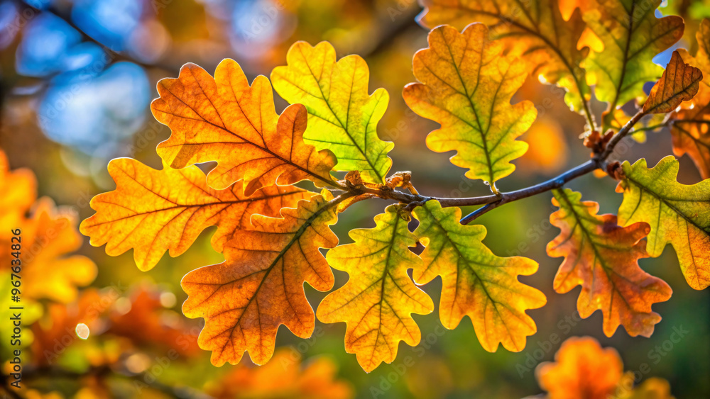 Close-up of bright yellow and green oak leaves catching the sunlight, their detailed veins and edges bathed in warm autumn light Close-up of bright yellow and green oak leaves catching the sunlight, their detailed veins and edges bathed in warm autumn light
