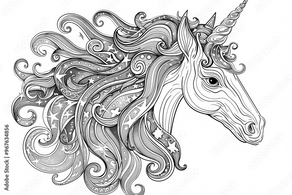 Fototapeta premium A beautifully intricate black and white illustration of a unicorn, featuring whimsical patterns in its flowing mane.