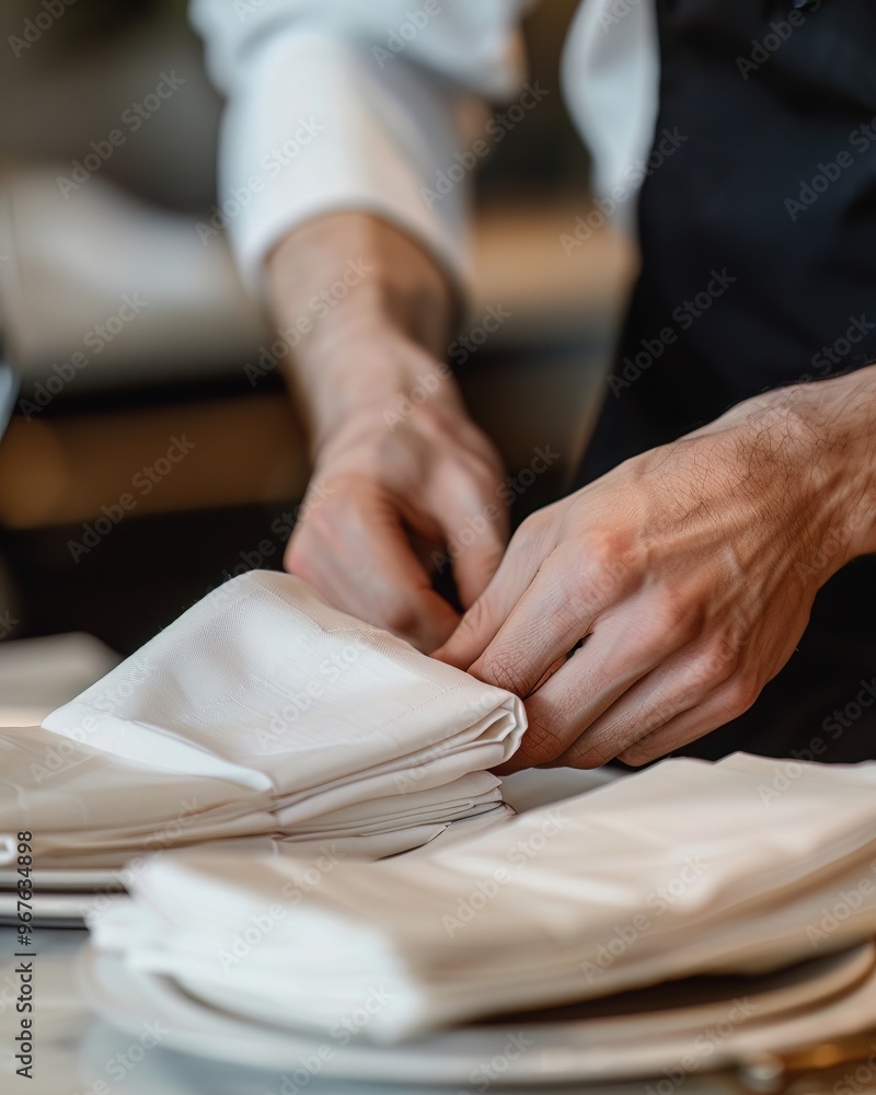 A close-up of hands folding white napkins in a fine dining setting, with a blurred kitchen background, highlights attention to detail in hospitality and culinary arts. Soft lighting adds warmth. A close-up of hands folding white napkins in a fine dining setting, with a blurred kitchen background, highlights attention to detail in hospitality and culinary arts. Soft lighting adds warmth.