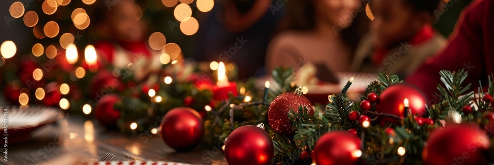 A cozy Christmas dinner setting features a beautifully decorated table with vibrant red ornaments and lush greenery. Soft bokeh lights enhance the festive spirit, evoking warmth and joy. A cozy Christmas dinner setting features a beautifully decorated table with vibrant red ornaments and lush greenery. Soft bokeh lights enhance the festive spirit, evoking warmth and joy.