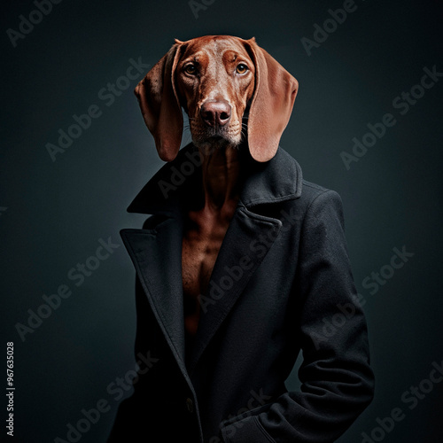 A viszla confidently dons a sleek, tailored coat, showcasing its elegance and personality in a striking pose that captures attention and admiration