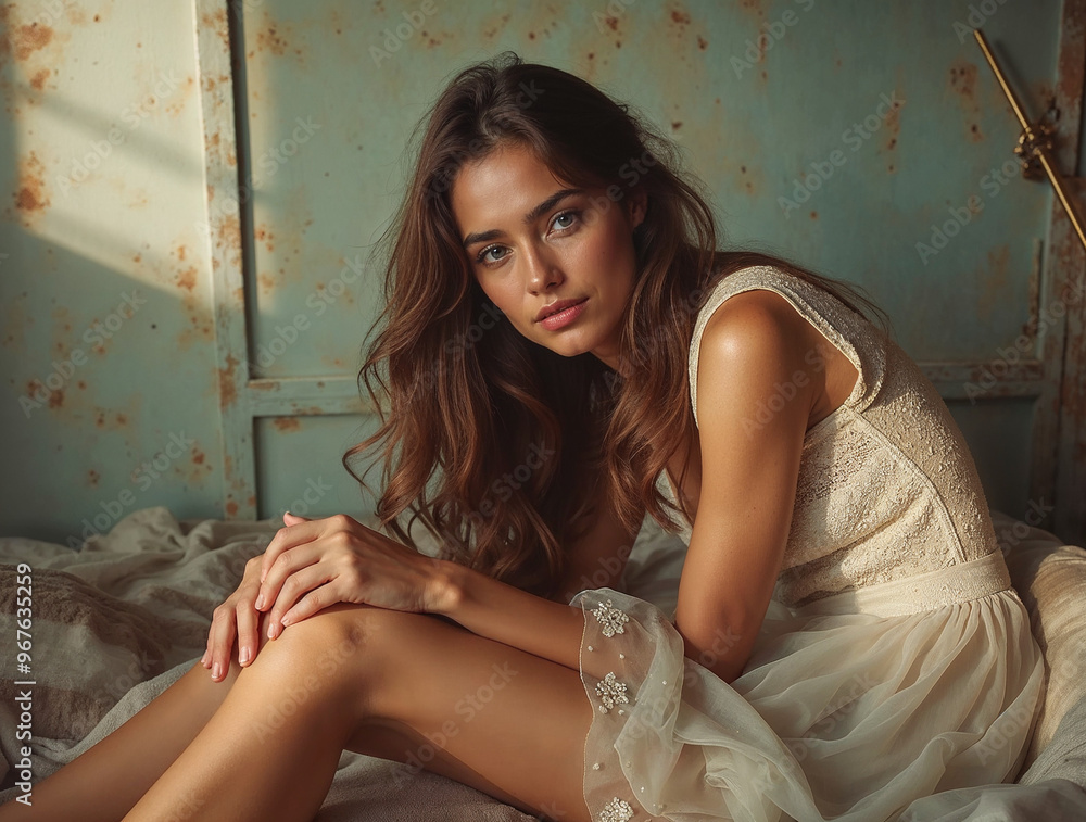 A young woman sits gracefully, her natural beauty accentuated by soft sunlight filtering through a worn, vintage backdrop. She exudes tranquility and poise A young woman sits gracefully, her natural beauty accentuated by soft sunlight filtering through a worn, vintage backdrop. She exudes tranquility and poise