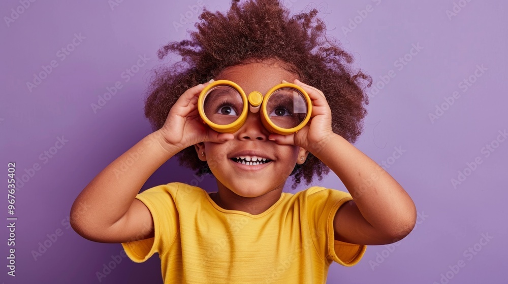 Child intently observing through paper binoculars, with a simple studio backdrop enhancing their expression of wonder.