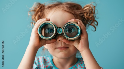 Studio image of a child with paper binoculars, showcasing their imaginative play and joyful expression.