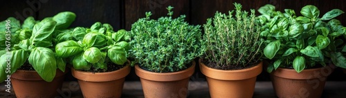 A small herb garden featuring potted basil, rosemary, and thyme, with each plant labeled