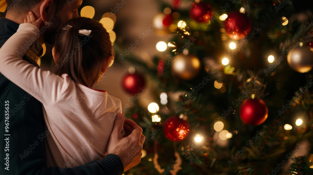 A heartwarming holiday scene shows a father and daughter embracing by a beautifully decorated Christmas tree, surrounded by twinkling lights and vibrant ornaments, embodying love and joy. A heartwarming holiday scene shows a father and daughter embracing by a beautifully decorated Christmas tree, surrounded by twinkling lights and vibrant ornaments, embodying love and joy.