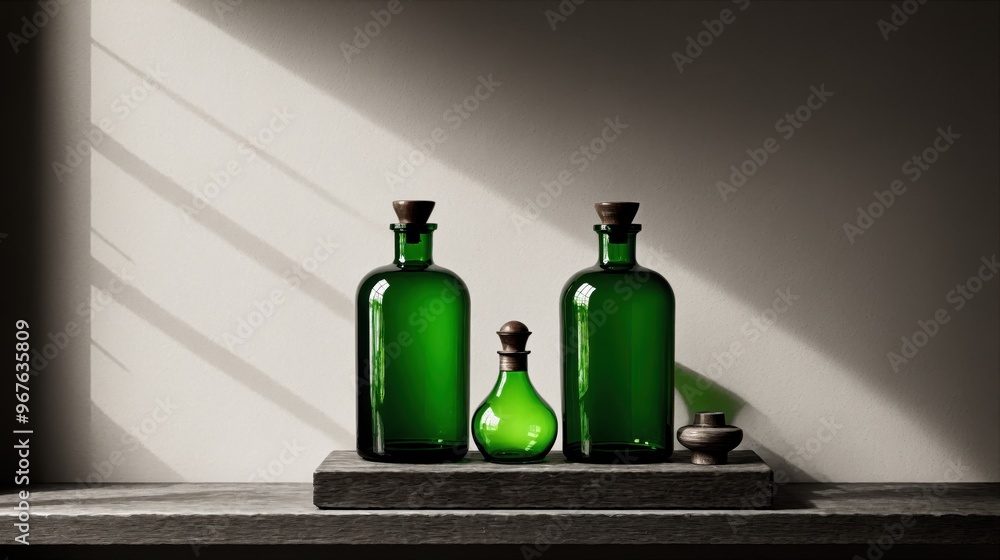 generative ai, Minimalist still life with green bottles and shadows generative ai, Minimalist still life with green bottles and shadows