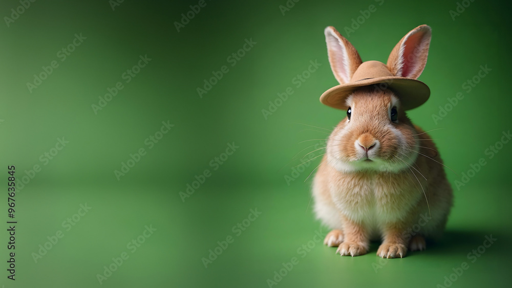 Fototapeta premium A bunny with a hat on a banner with space for text with a green background. can be used for easter