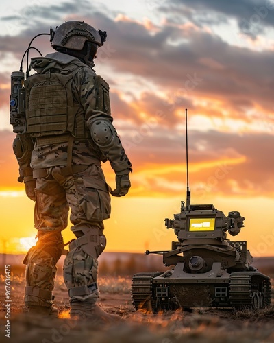 A soldier in tactical gear stands on rugged terrain at dusk, illuminated by a vibrant sunset, observing a military robot that symbolizes advanced technology and innovation. photo