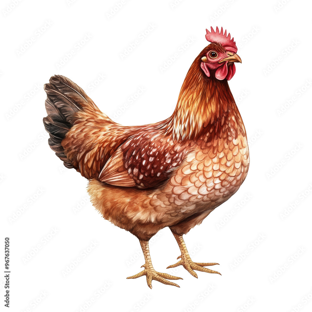 Fototapeta premium Brown hen standing proudly in a sunny farmyard, cut out transparent