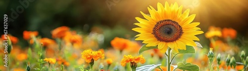 A sunflower towering over a garden of marigolds, both blooming brightly in the summer sun photo