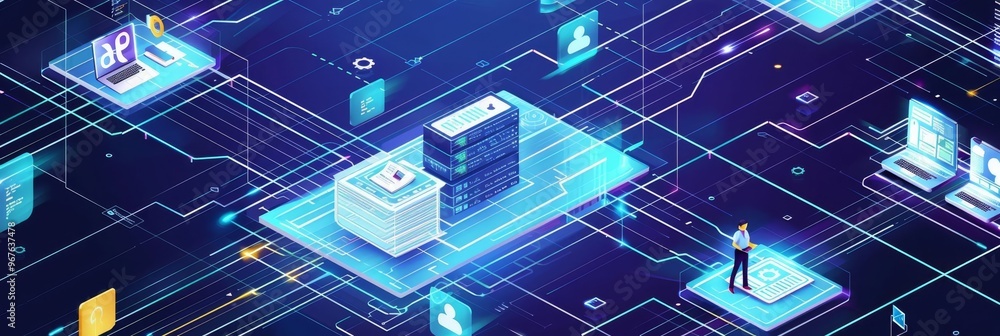 A vibrant digital landscape features a stylized cityscape with high-tech buildings and glowing circuit lines. A lone figure symbolizes exploration and innovation in technology. A vibrant digital landscape features a stylized cityscape with high-tech buildings and glowing circuit lines. A lone figure symbolizes exploration and innovation in technology.