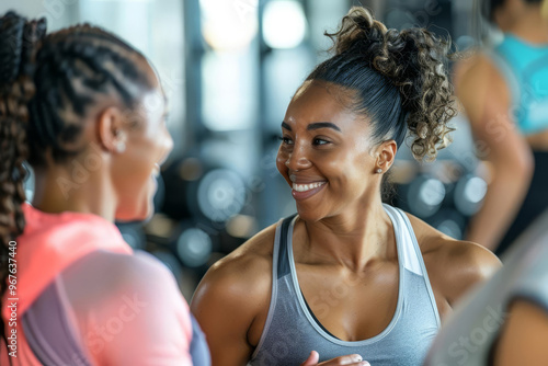 A vibrant gym two diverse women in colorful workout attire engaged in a joyful conversation, embodying camaraderie and motivation in fitness and wellness.