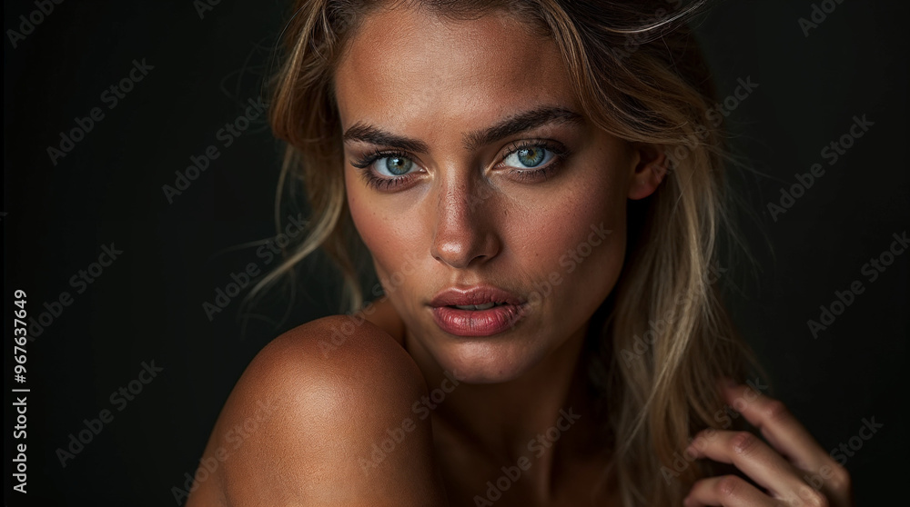 A model with luminous blue eyes and tousled hair gazes intensely at the viewer, exuding a captivating blend of allure and confidence in a dramatic ambiance A model with luminous blue eyes and tousled hair gazes intensely at the viewer, exuding a captivating blend of allure and confidence in a dramatic ambiance