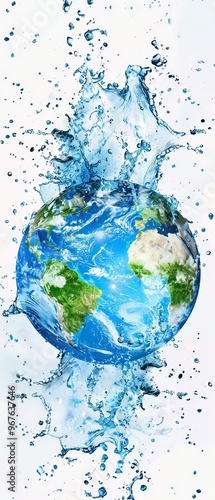 A vibrant illustration of Earth surrounded by dynamic water splashes, showcasing blue oceans and green landmasses. artwork symbolizes environmental themes and sustainability.