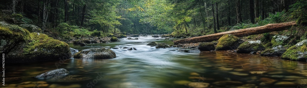 A tranquil river flowing through a forest, with rocks and moss-covered logs scattered along the banks A tranquil river flowing through a forest, with rocks and moss-covered logs scattered along the banks
