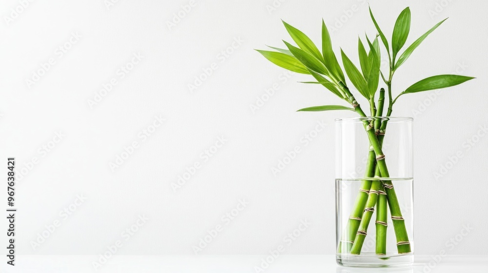 A fresh green bamboo plant in a clear glass vase with water, showing off its slender stems and simplicity. A fresh green bamboo plant in a clear glass vase with water, showing off its slender stems and simplicity.