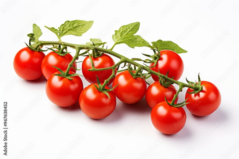 Fresh cherry tomatoes on vine with green leaves, ideal for salads in bright kitchen setting Fresh cherry tomatoes on vine with green leaves, ideal for salads in bright kitchen setting