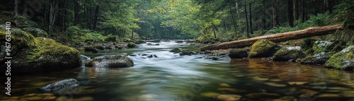 A tranquil river flowing through a forest, with rocks and moss-covered logs scattered along the banks