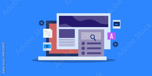 Blog and website content management software interface, CMS technology, create and publish digital content on web, vector illustration concept.