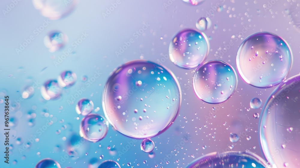 Macro photo of oil bubbles with blue-violet background for product advertisement. Vertical layout with copy space. Gradient set of images for banner. Macro photo of oil bubbles with blue-violet background for product advertisement. Vertical layout with copy space. Gradient set of images for banner.