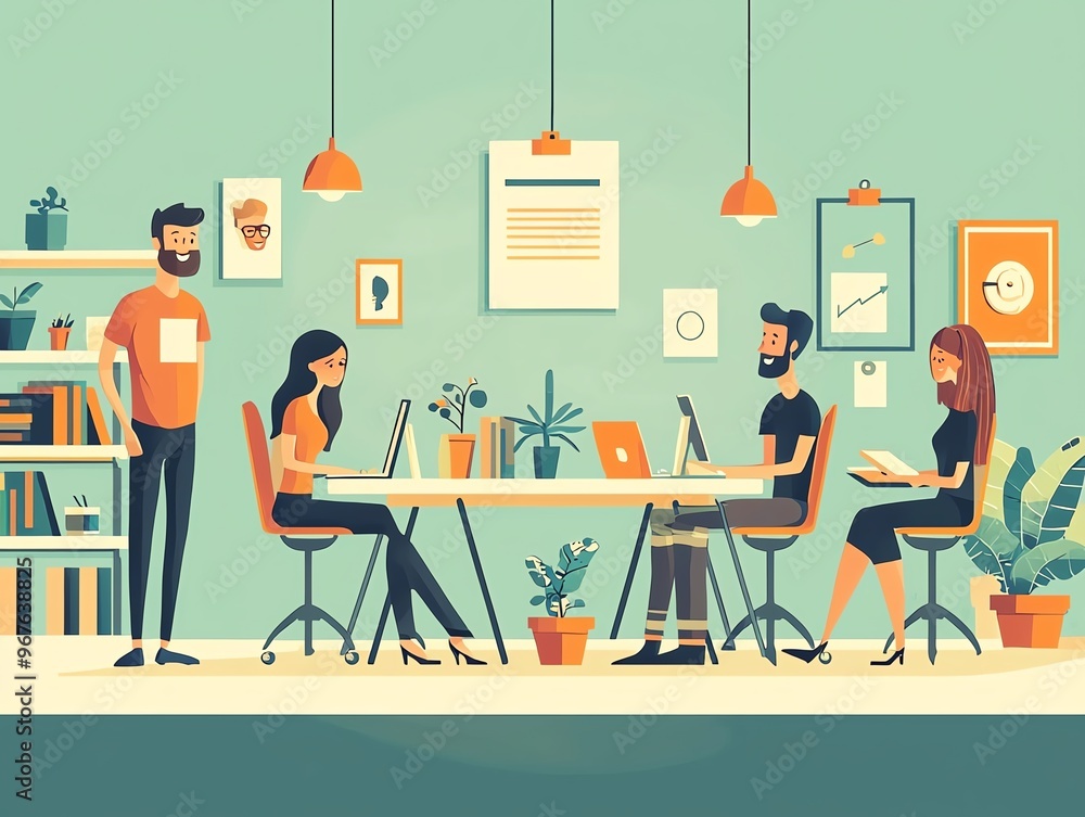 Startup office with creative team brainstorming, flat design illustration Startup office with creative team brainstorming, flat design illustration