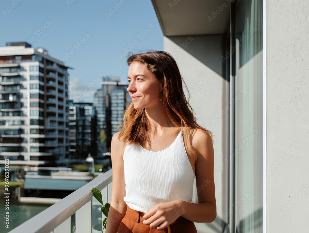 Young Woman Enjoying Coffee on a Balcony with a Scenic Urban Cityscape in the Background Young Woman Enjoying Coffee on a Balcony with a Scenic Urban Cityscape in the Background