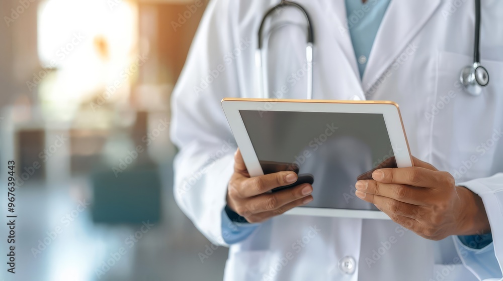 Closeup of a doctor's hands holding a tablet in a hospital setting. Closeup of a doctor's hands holding a tablet in a hospital setting.