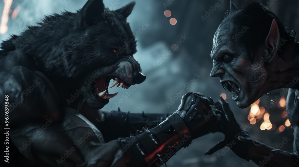 A fierce werewolf confronts a fearsome orc in a dramatic battle. The image is filled with tension and anticipation, perfect for fantasy or horror projects. A fierce werewolf confronts a fearsome orc in a dramatic battle. The image is filled with tension and anticipation, perfect for fantasy or horror projects.