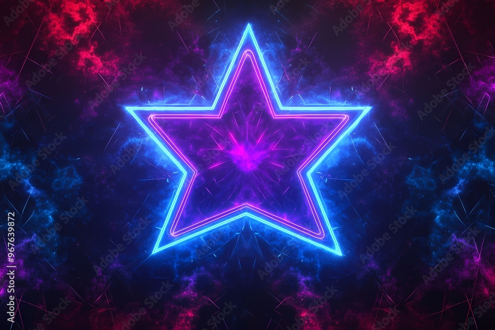 A vibrant neon star illuminated in blue and pink against a cosmic background. A vibrant neon star illuminated in blue and pink against a cosmic background.