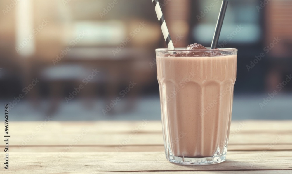 A glass of milk chocolate shake on a wooden table. Summer drink A glass of milk chocolate shake on a wooden table. Summer drink
