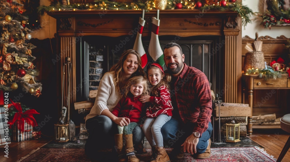 Fototapeta premium Family with kids wearing matching red and white outfits is posing for a christmas photo in front of their fireplace decorated for the new year holidays in cozy home. Merry Christmas and happy holidays