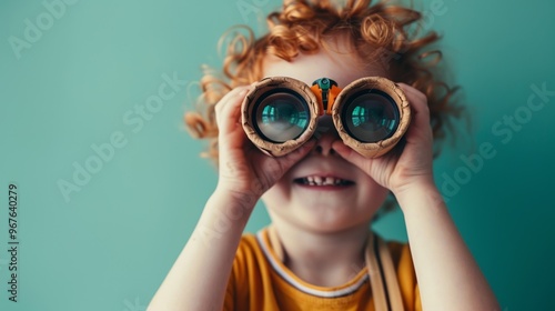 Studio shot of a child gazing through homemade binoculars, with a neutral background enhancing their focus.