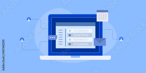 Email communication software connected with AI technology, sending message, reply, customer segment marketing automation concept, vector illustration.