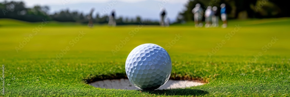 Golf ball on green, near hole, with blurred golfers in background Golf ball on green, near hole, with blurred golfers in background