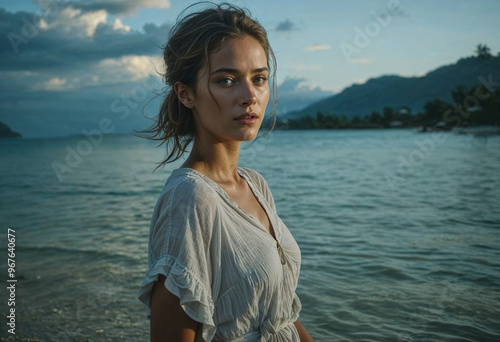 Standing at the water's edge, a woman gazes thoughtfully towards the horizon. The soft light of dusk illuminates her features as waves lap gently at her feet