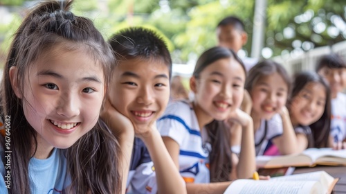 Smiling Asian school children sitting together at desk.