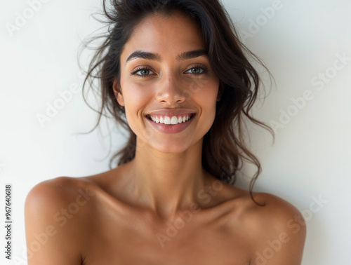 This striking young woman with Indian heritage showcases her natural beauty, exuding warmth and confidence with her captivating smile and flowing hair