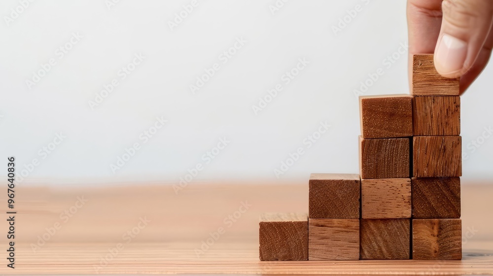 Hand placing wooden block on top of a staircase structure. Hand placing wooden block on top of a staircase structure.