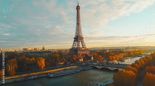 A stunning autumn view of the Eiffel Tower by the Seine River in Paris, France. photo