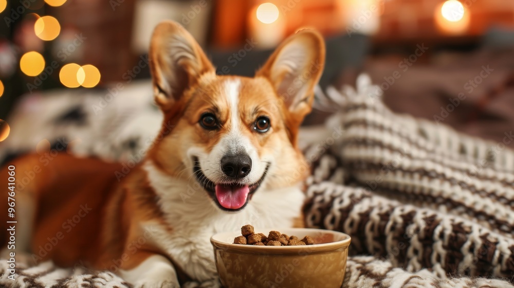 A happy corgi dog enjoys its meal on a cozy blanket. The dog is looking directly at the camera with a joyful expression. The background is blurred with warm lights. A happy corgi dog enjoys its meal on a cozy blanket. The dog is looking directly at the camera with a joyful expression. The background is blurred with warm lights.