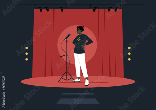 A confident performer stands poised on stage in front of a red curtain, ready to captivate the audience with their voice at a lively evening event