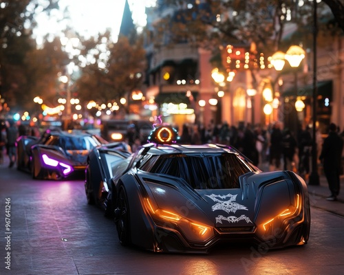 Futuristic cars at a Halloween carnival glowing orange and purple lights beneath them