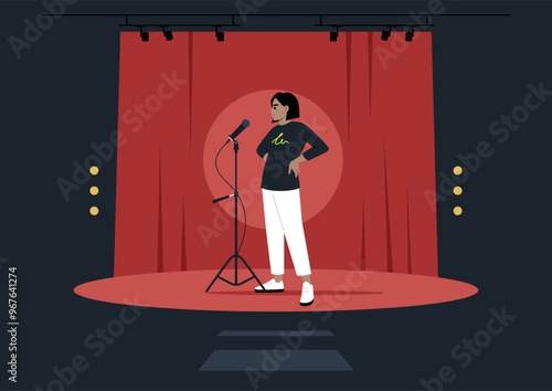 A confident performer stands poised on stage in front of a red curtain, ready to captivate the audience with their voice at a lively evening event