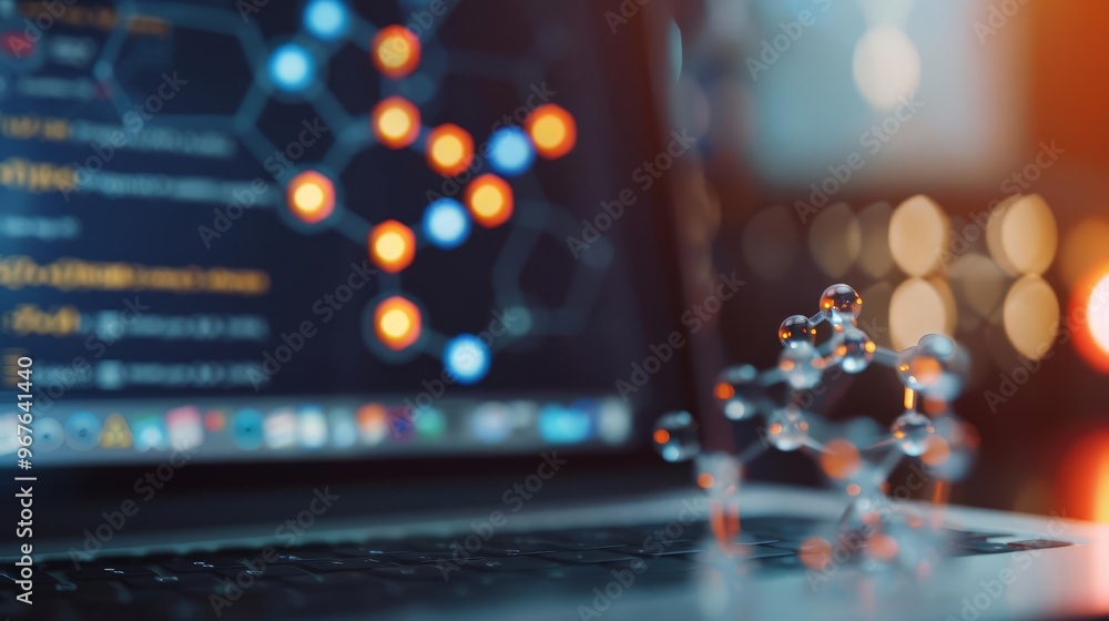Close up of a molecular model on a laptop keyboard with code on the screen, representing data science and technology.