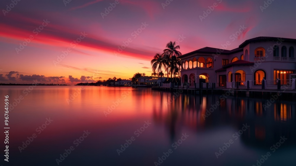 Fototapeta premium Luxury waterfront home at sunset with vibrant sky reflection.