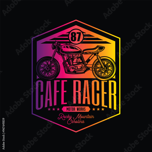 Cafe racer custom motorcycle. Original vector illustration in vintage style isolated on black background. T-shirt design.