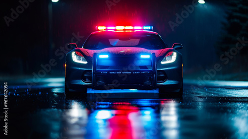 A police car with flashing red and blue lights stands on a wet road at night. The car is dark blue and the lights reflect in the puddles.